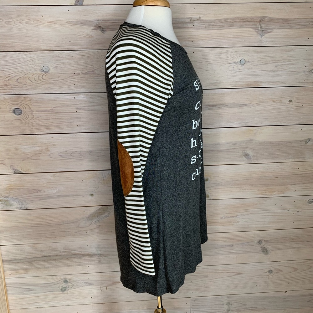 SEE NEW Long Sleeve Christmas Top with Striped Sleeves Suede Elbow Patch - Picture 2 of 6